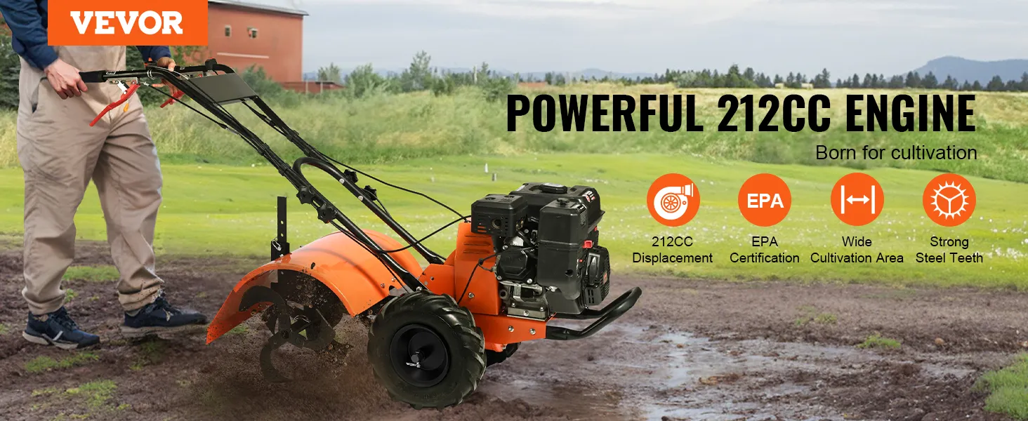 VEVOR tiller cultivator with 212cc engine, epa certification, wide cultivation area, and steel teeth.