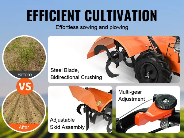efficient VEVOR tiller cultivator with steel blade, adjustable skid, multi-gear, before and after results.