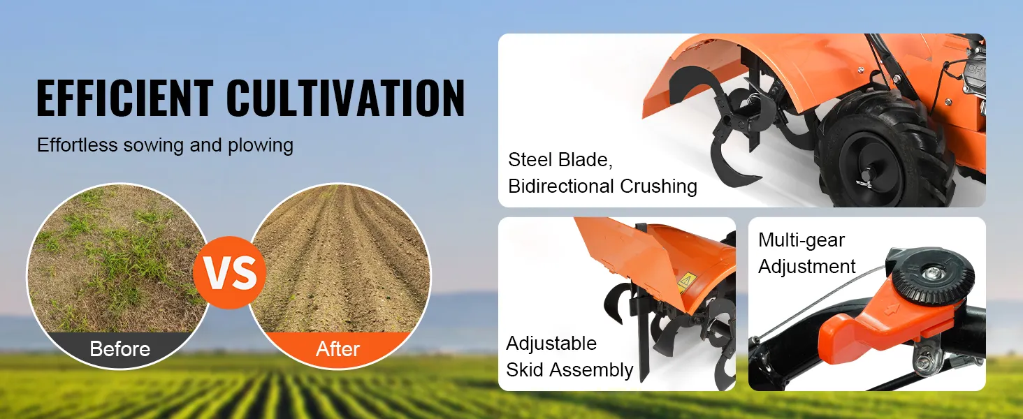 efficient VEVOR tiller cultivator with steel blade, adjustable skid, multi-gear, before and after results.