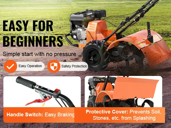 VEVOR tiller cultivator for beginners, easy braking handle, protective cover to prevent soil splashing.