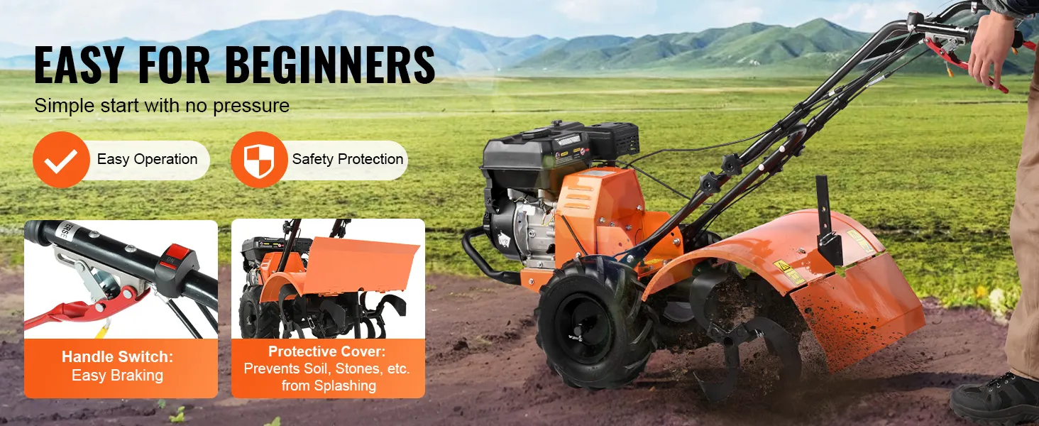 VEVOR tiller cultivator for beginners, easy braking handle, protective cover to prevent soil splashing.