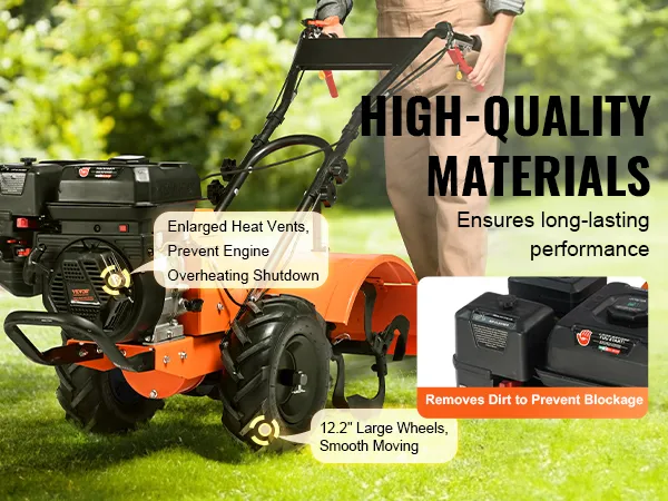 VEVOR tiller cultivator with enlarged heat vents, 12.2" wheels, and metal gearbox for durability.