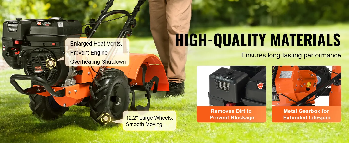 VEVOR tiller cultivator with enlarged heat vents, 12.2" wheels, and metal gearbox for durability.