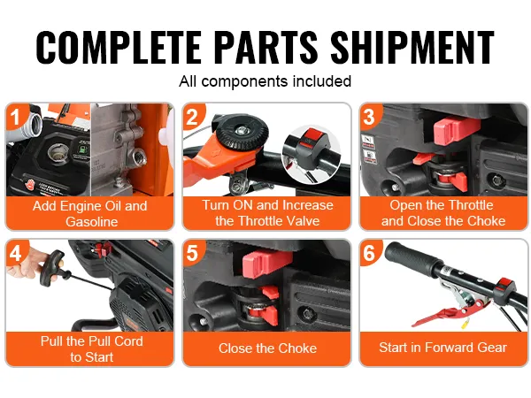 VEVOR tiller cultivator setup: add oil, turn on, open throttle, pull cord, close choke, start forward gear