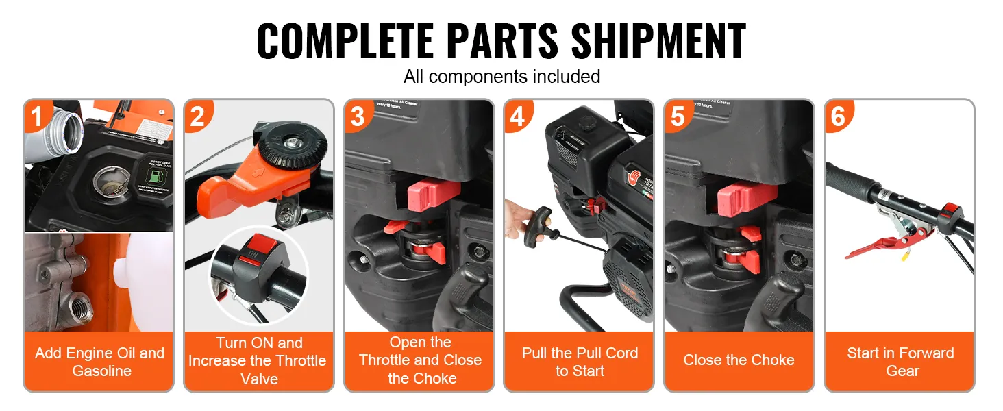 VEVOR tiller cultivator setup: add oil, turn on, open throttle, pull cord, close choke, start forward gear