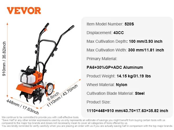 VEVOR tiller cultivator 520s, 43cc, 100mm depth, 300mm width, 14.15kg, steel blades, nylon wheels.