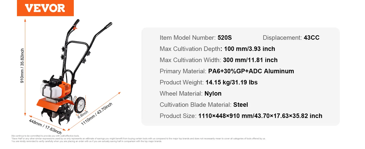 VEVOR tiller cultivator 520s, 43cc, 100mm depth, 300mm width, 14.15kg, steel blades, nylon wheels.