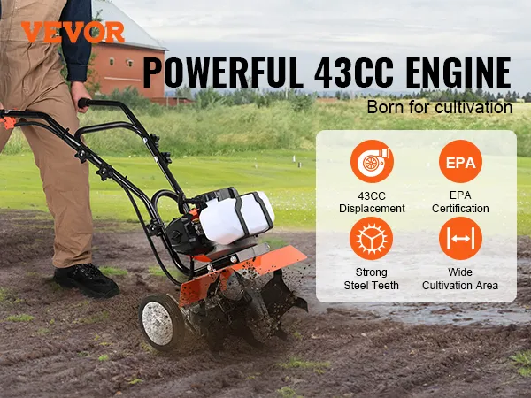 VEVOR tiller cultivator in action with a powerful 43cc engine, epa certification, and strong steel teeth.