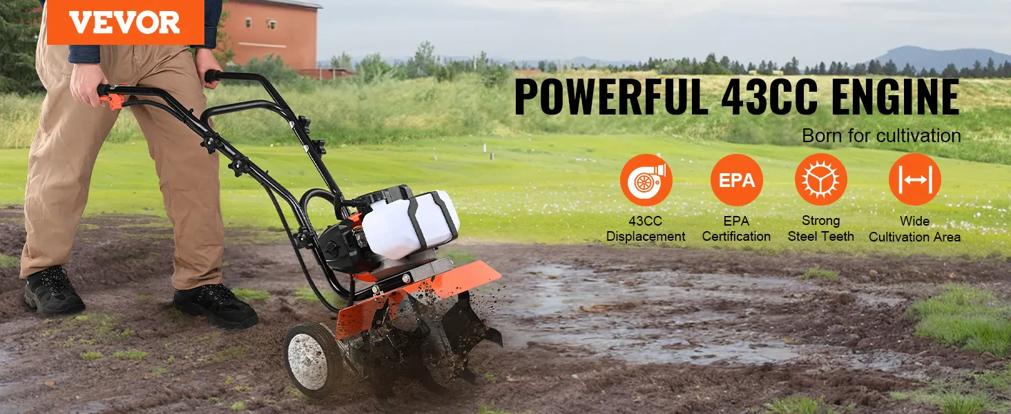 VEVOR tiller cultivator in action with a powerful 43cc engine, epa certification, and strong steel teeth.