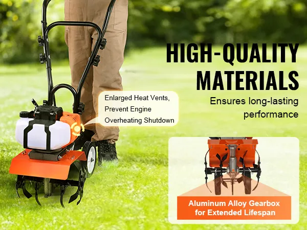 VEVOR tiller cultivator with aluminum alloy gearbox on grass, highlighting enlarged heat vents.