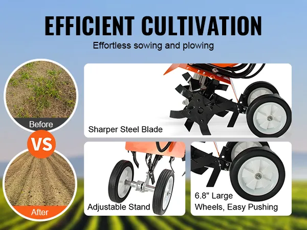 efficient cultivation with VEVOR tiller cultivator, featuring sharps steel blades and large wheels.