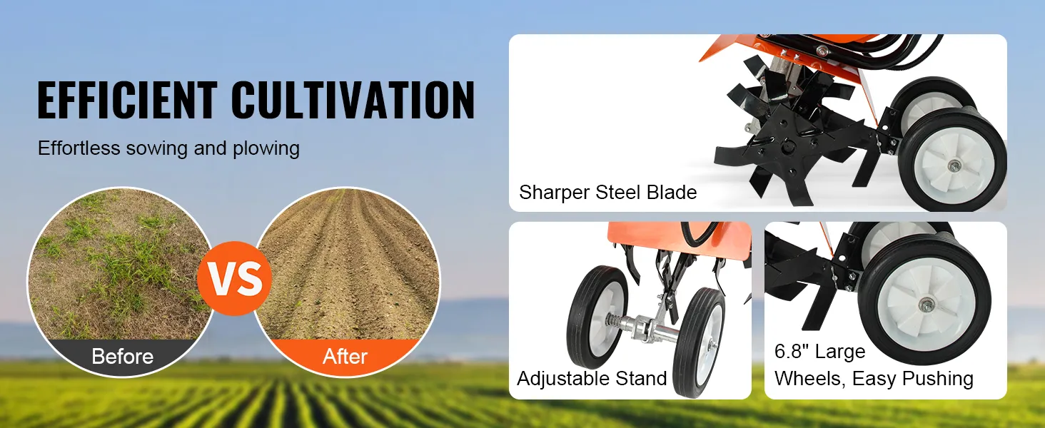 efficient cultivation with VEVOR tiller cultivator, featuring sharps steel blades and large wheels.