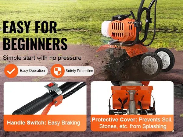 VEVOR tiller cultivator for easy operation, safety protection, with handle switch and protective cover.