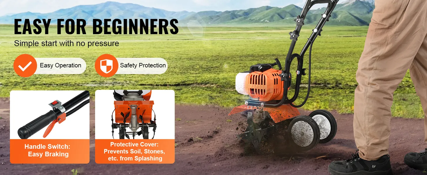 VEVOR tiller cultivator for easy operation, safety protection, with handle switch and protective cover.