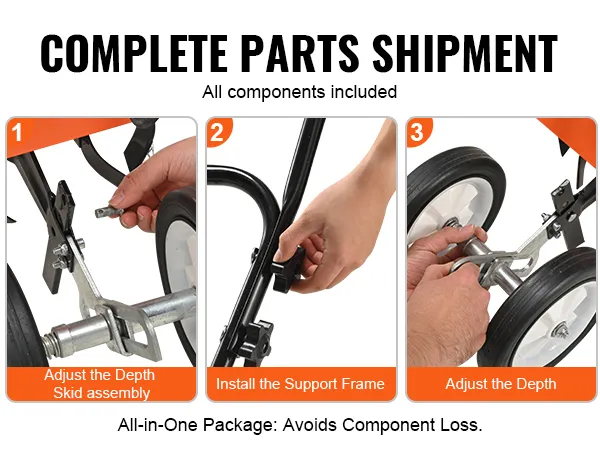 VEVOR tiller cultivator assembly steps: depth skid adjustment, support frame installation, depth adjustment.