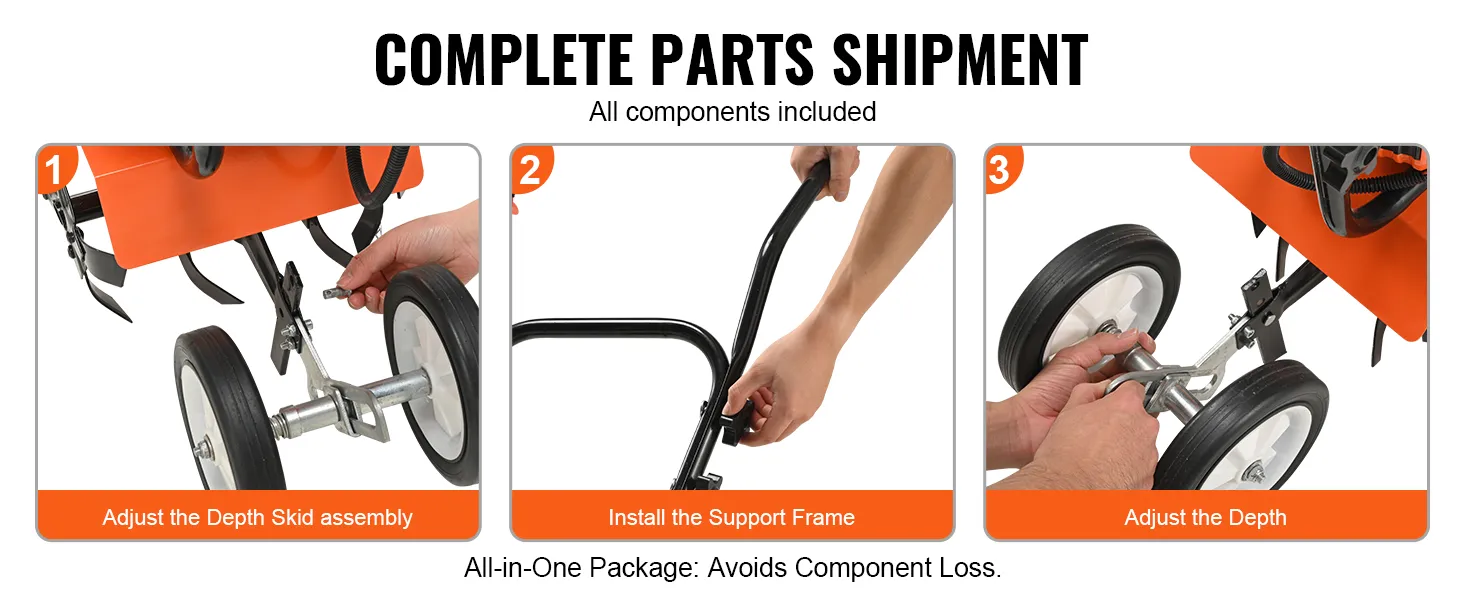 VEVOR tiller cultivator assembly steps: depth skid adjustment, support frame installation, depth adjustment.