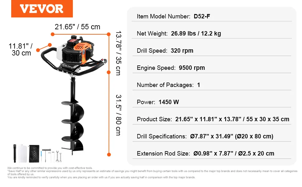 VEVOR Gas Post Hole Digger 52CC 1450W with 8” Drill Bits & 1 Extension Rod