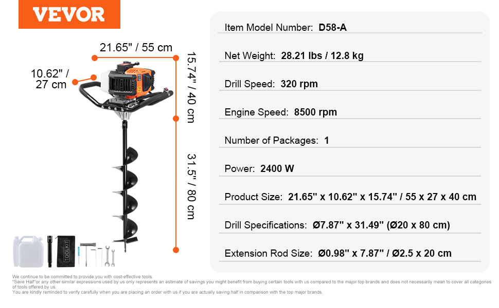 VEVOR Fence Post Hole Digger with 63CC Engine & 2400W Output