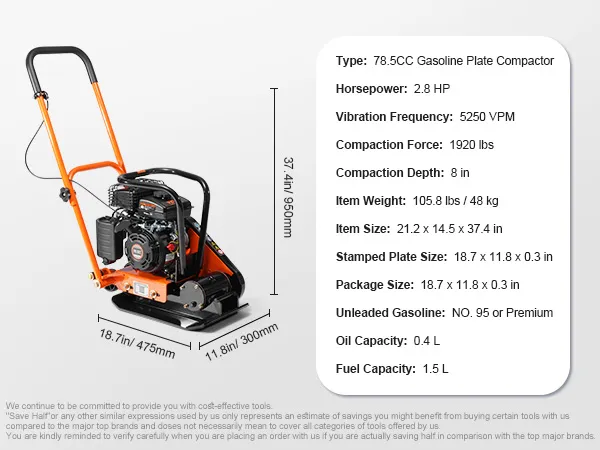 VEVOR plate compactor with 78.5cc engine, 2.8 hp, 5250 vpm, 1920 lbs force, and 8 in depth.