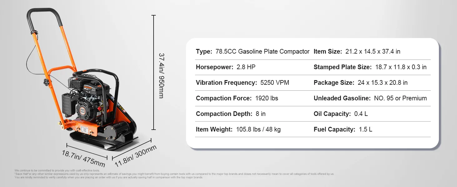 VEVOR plate compactor with 78.5cc engine, 2.8 hp, 5250 vpm, 1920 lbs force, and 8 in depth.