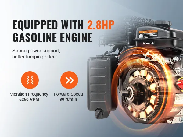2.8hp gasoline engine for VEVOR plate compactor with 5250 vpm vibration and 80 ft/min forward speed.