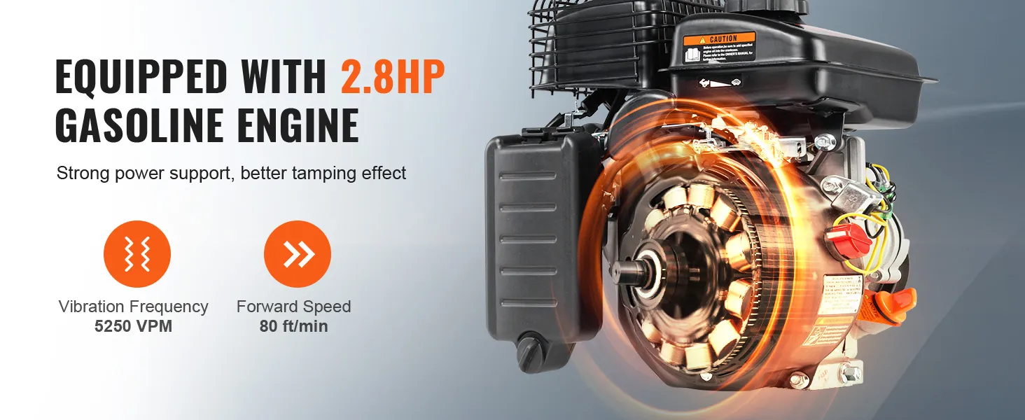 2.8hp gasoline engine for VEVOR plate compactor with 5250 vpm vibration and 80 ft/min forward speed.
