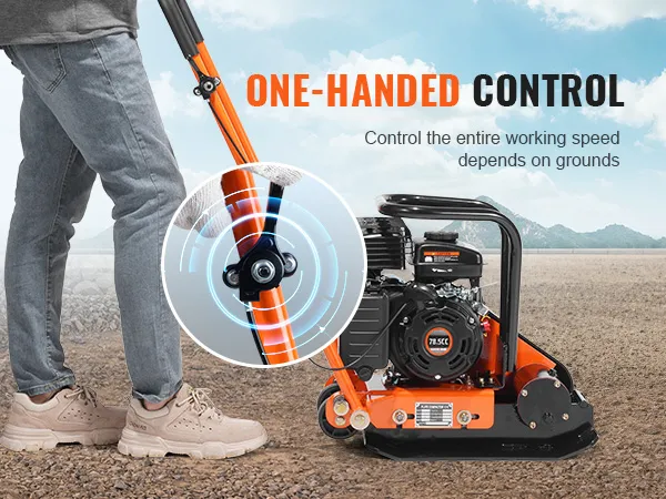 VEVOR plate compactor with one-handed control, robust engine, and a worker adjusting the speed.