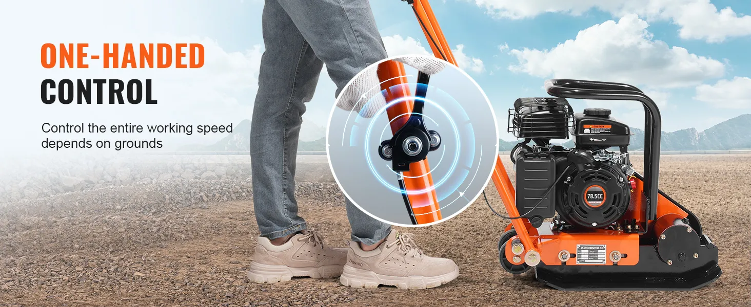 VEVOR plate compactor with one-handed control, robust engine, and a worker adjusting the speed.