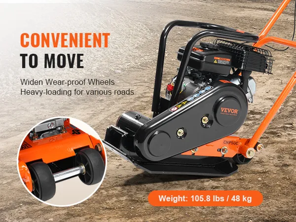 VEVOR plate compactor with wear-proof wheels, ideal for heavy-loading on various roads. weight: 105.8 lbs.