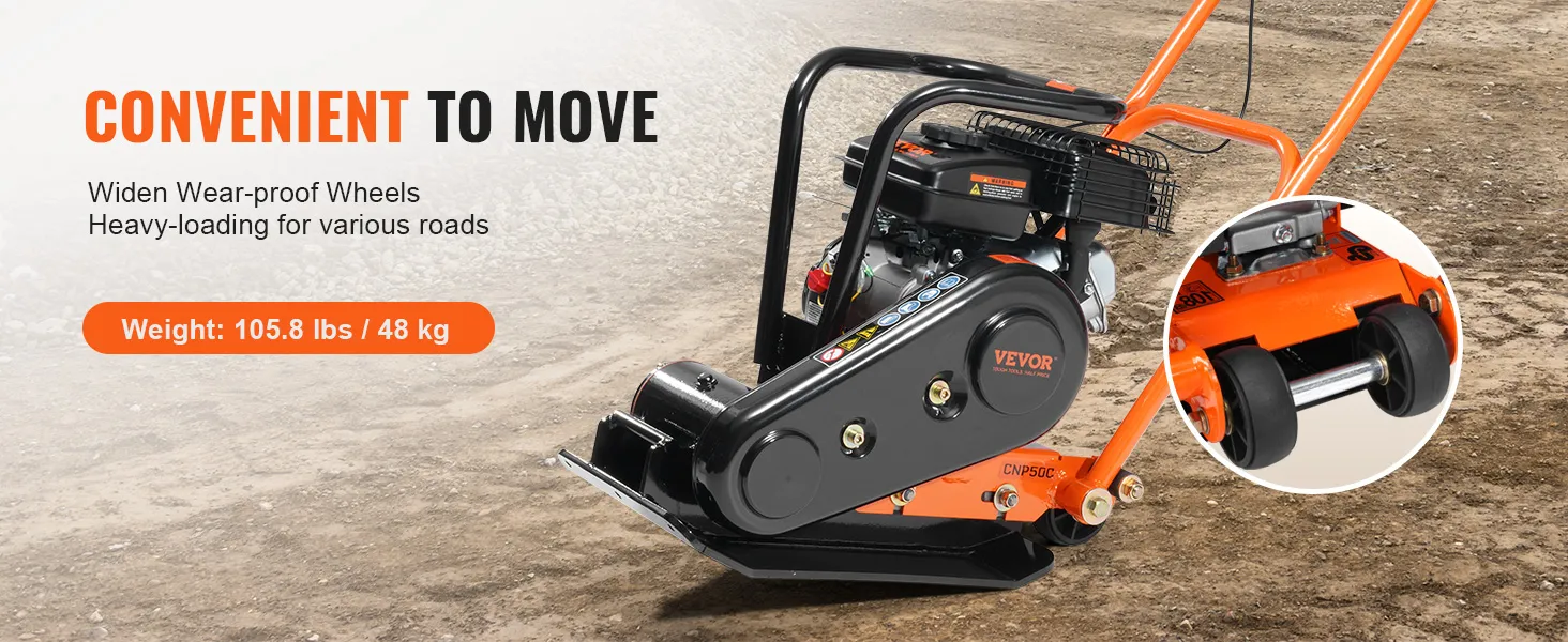VEVOR plate compactor with wear-proof wheels, ideal for heavy-loading on various roads. weight: 105.8 lbs.