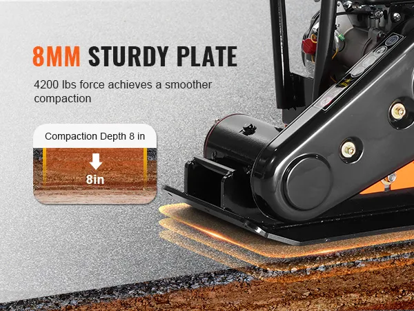 8mm sturdy plate of VEVOR plate compactor with 1920 lbs force and 8in compaction depth.