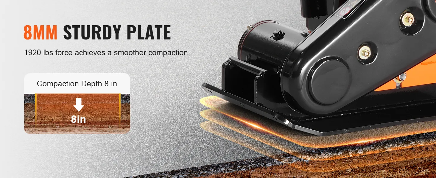 8mm sturdy plate of VEVOR plate compactor with 1920 lbs force and 8in compaction depth.