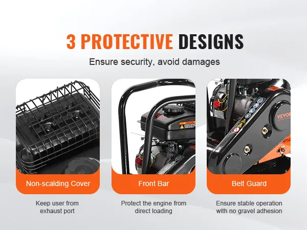 VEVOR plate compactor with non-scalding cover, front bar, and belt guard for enhanced protection.
