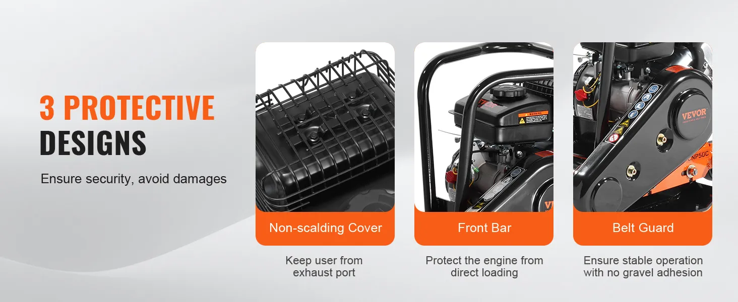 VEVOR plate compactor with non-scalding cover, front bar, and belt guard for enhanced protection.