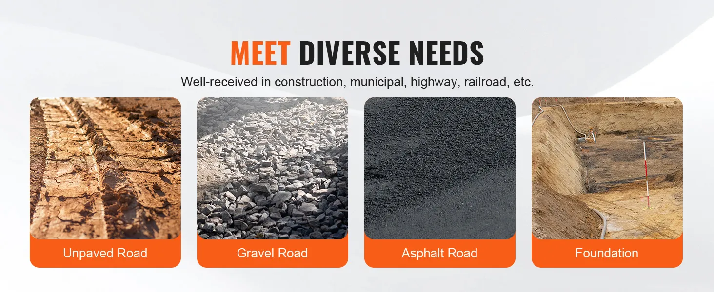 meet diverse needs in construction, including unpaved road, gravel road, asphalt road, and foundation with VEVOR plate compactor.