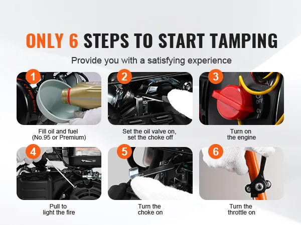 steps to start the VEVOR plate compactor: fill oil, set oil valve, turn on engine, pull to light, turn choke, throttle.