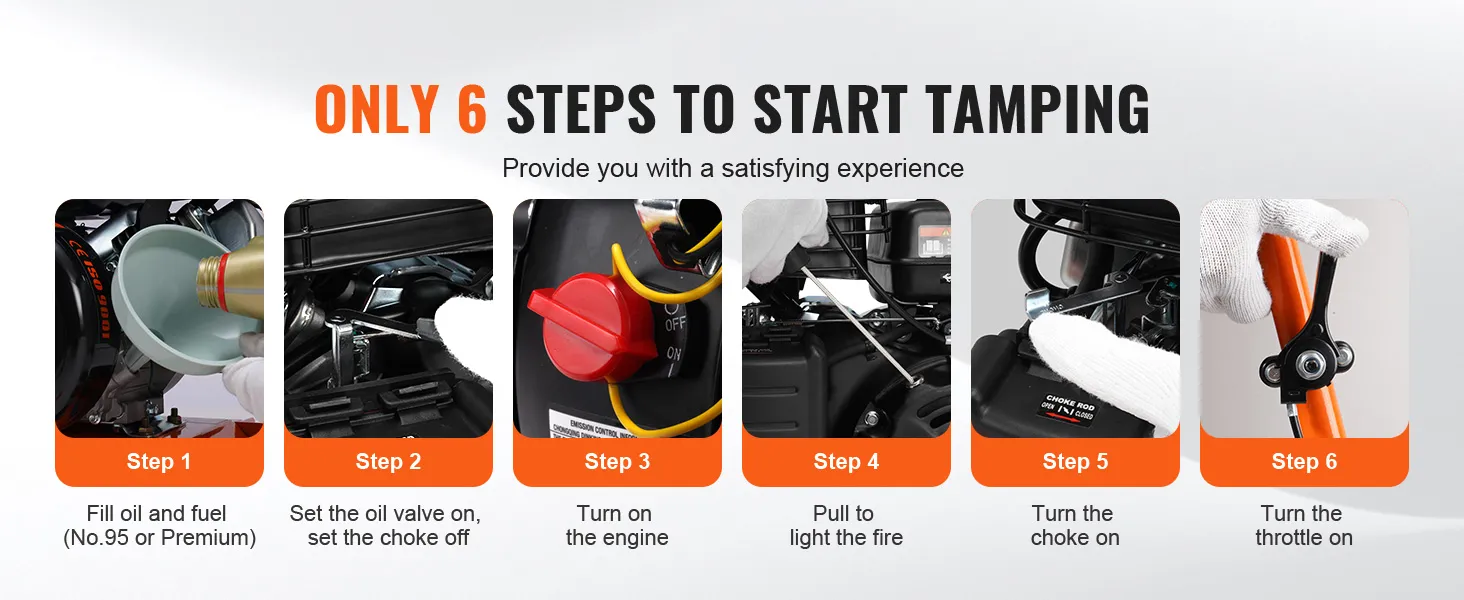 steps to start the VEVOR plate compactor: fill oil, set oil valve, turn on engine, pull to light, turn choke, throttle.