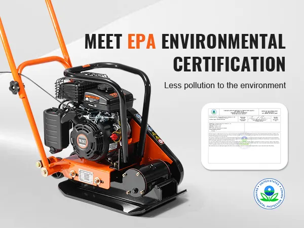 VEVOR plate compactor showcasing epa environmental certification for reduced pollution.