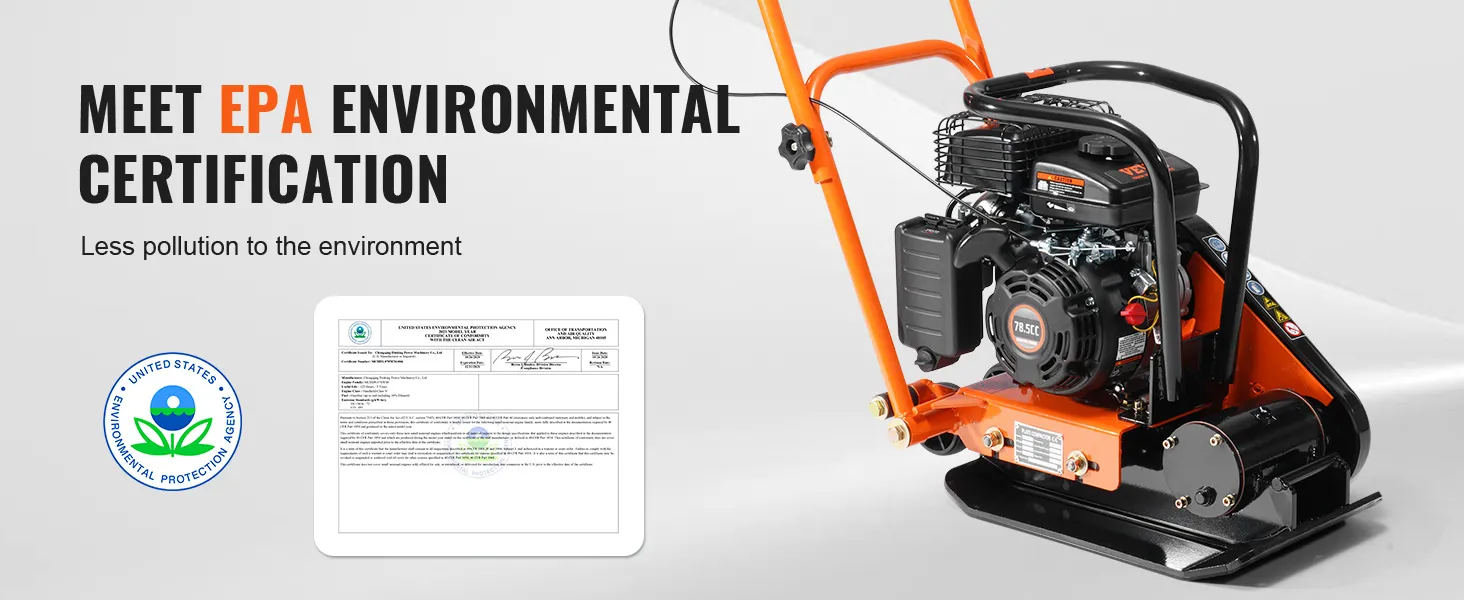 VEVOR plate compactor showcasing epa environmental certification for reduced pollution.