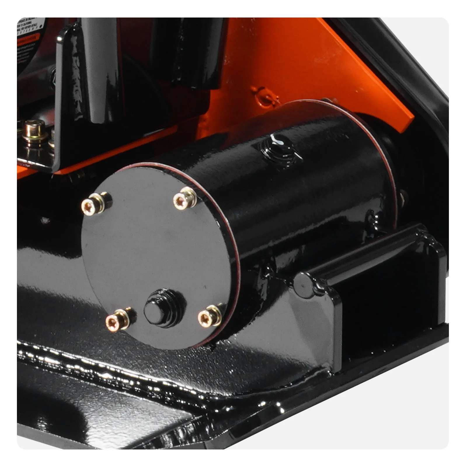 close-up of the motor assembly on the VEVOR plate compactor, showcasing metallic bolts and black casing.