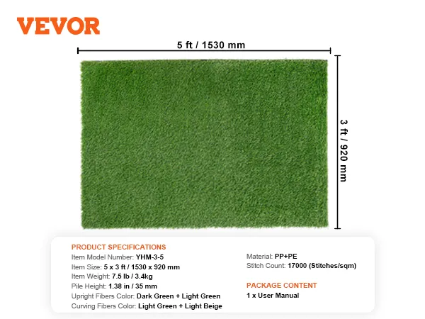 VEVOR kunstgras tapijt, 1,52 m x 0,92 m, donkergroene en lichtgroene vezels, poolhoogte 3,5 cm.