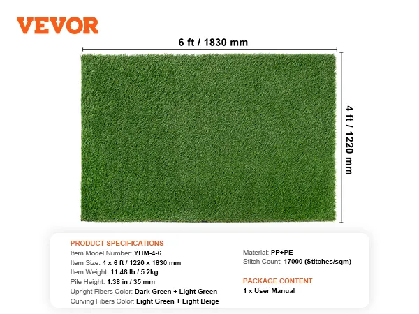 VEVOR artificial grass, 4x6 in, 1.38 in pile height, dark green and light green fibers with 17000 stitches/sqm.