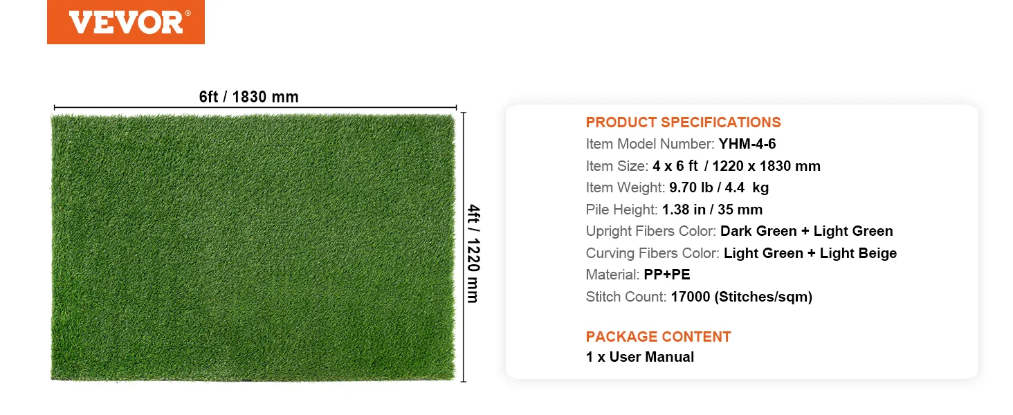 VEVOR artificial grass, 4x6 in, 1.38 in pile height, dark green and light green fibers with 17000 stitches/sqm.