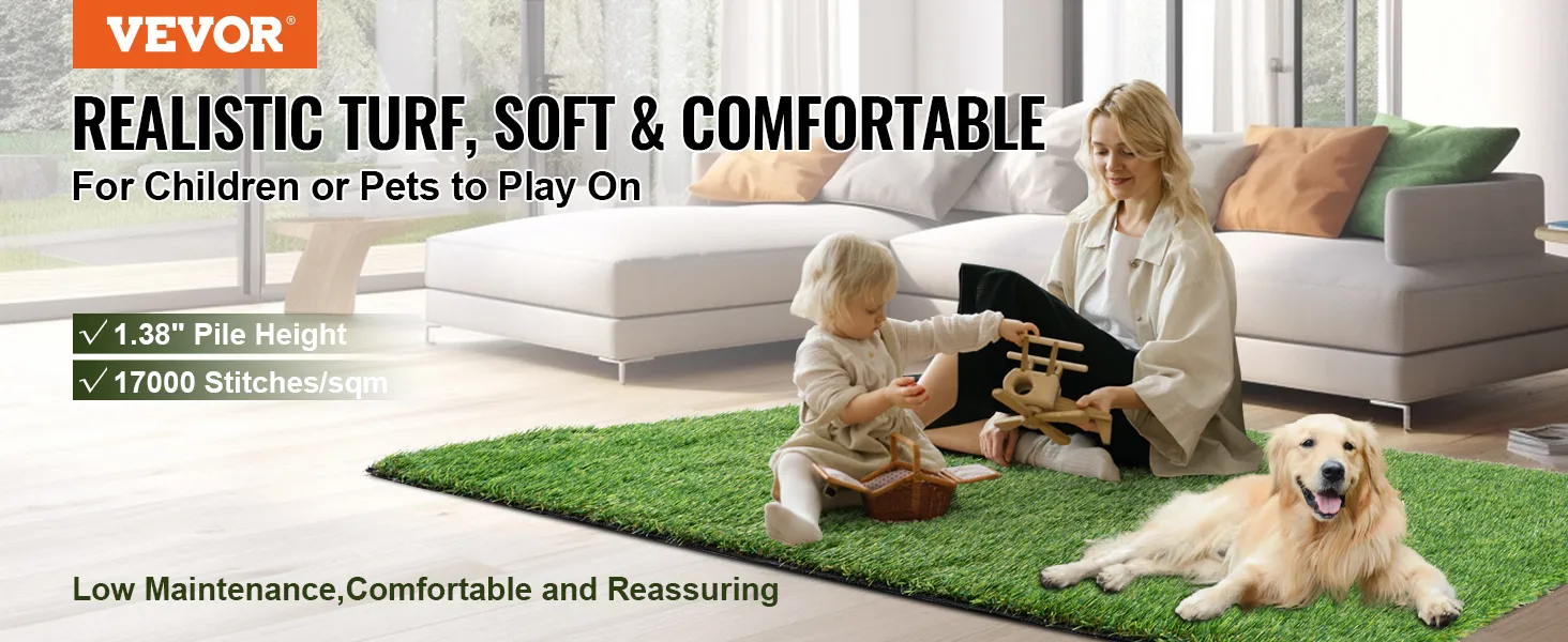 VEVOR artificial grass, soft and comfortable turf for children or pets, with 1.38" pile height, 17000 stitches/sqm.