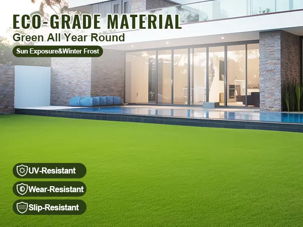 VEVOR artificial grass by modern house, uv-resistant, wear-resistant, slip-resistant, eco-grade material.