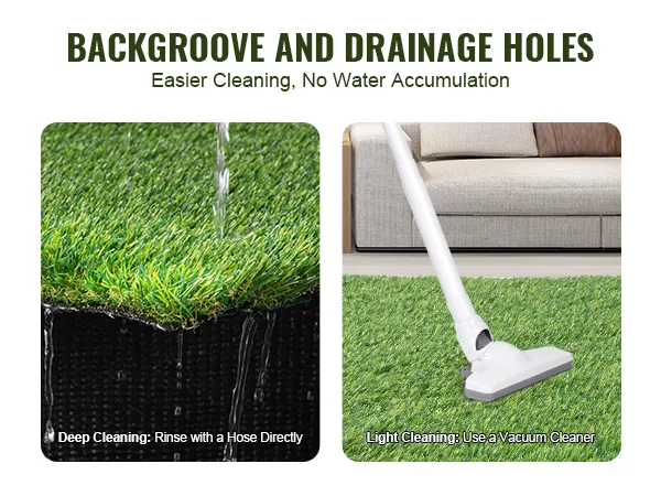 backgroove and drainage holes for VEVOR artificial grass. deep cleaning with hose, light cleaning with vacuum.