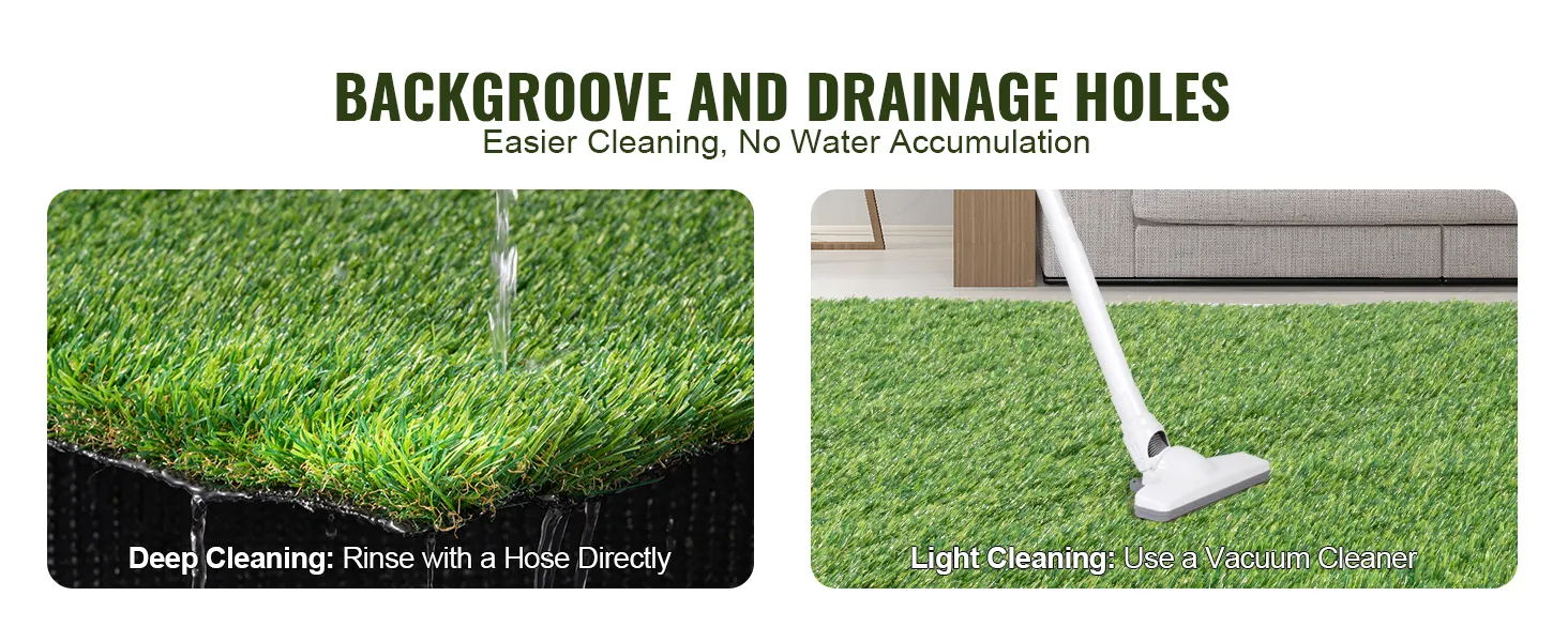backgroove and drainage holes for VEVOR artificial grass. deep cleaning with hose, light cleaning with vacuum.