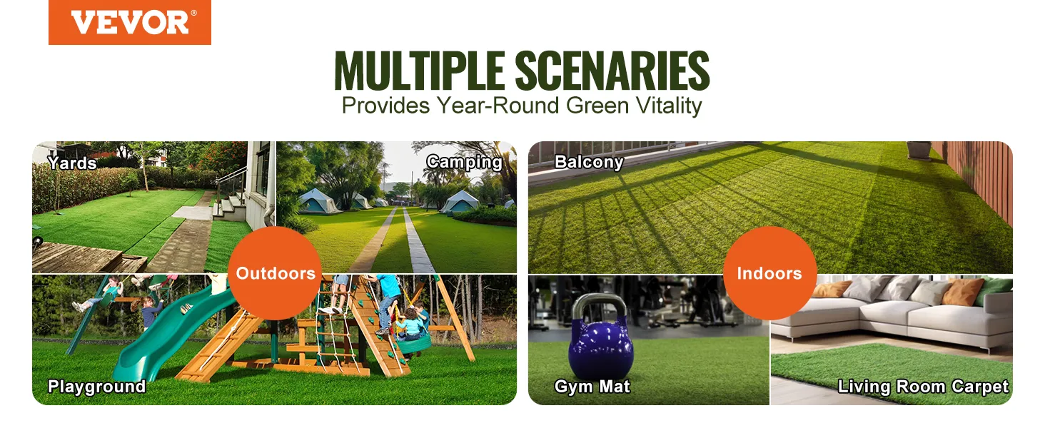 VEVOR artificial grass for yards, camping, balconies, playgrounds, gym mats, living room carpets.