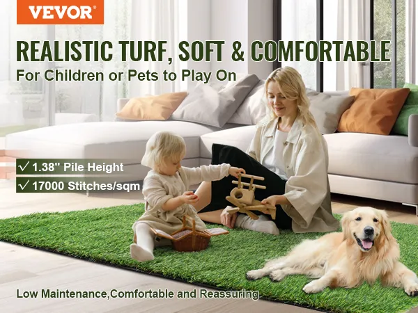 Tappeto in erba sintetica VEVOR, ideale per bambini e animali domestici, con altezza del pelo di 1,38" e 17000 punti/mq.