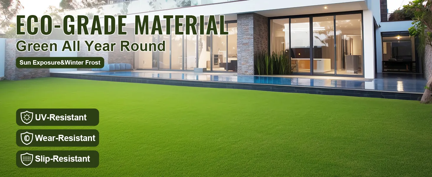moderno cortile di casa con tappeto in erba artificiale VEVOR, materiale ecologico, resistente ai raggi UV, all'usura e antiscivolo.